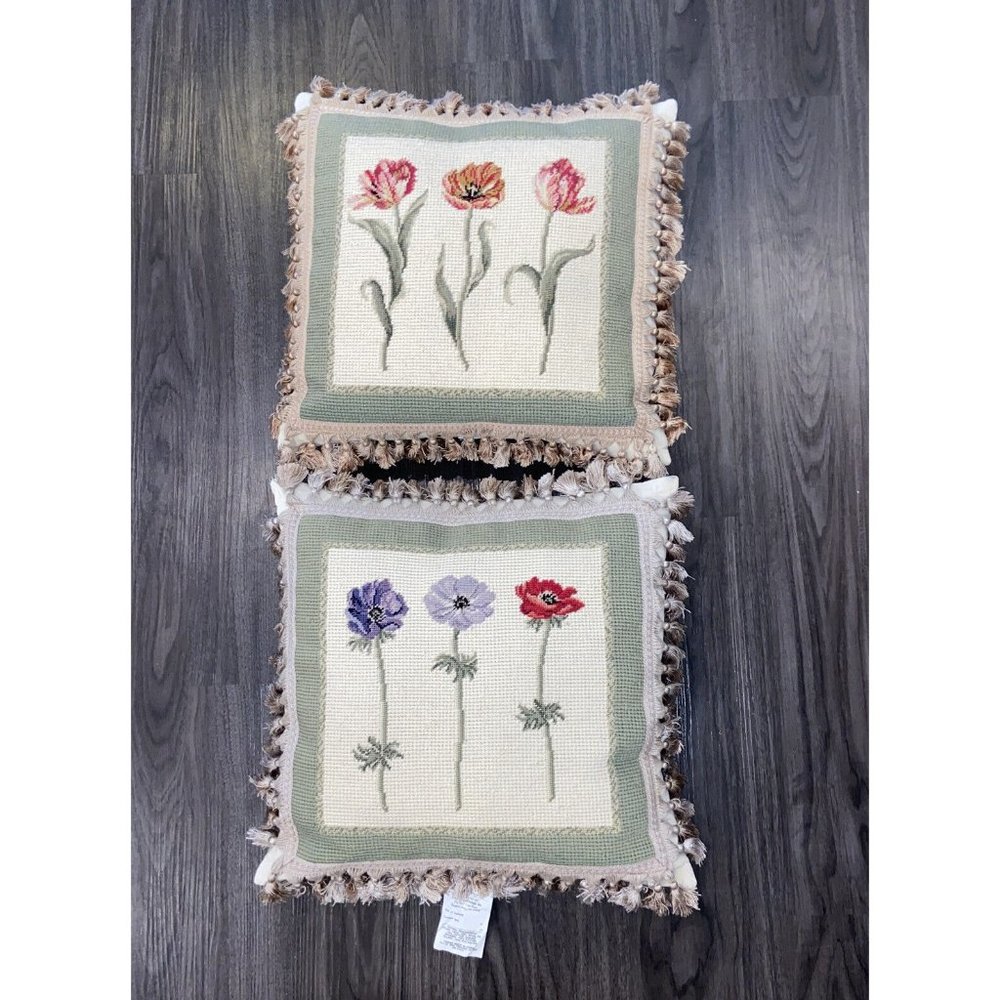 C&F Home 2- 16" x 16" Anemone Botanical Needlepoint Pillow Cushion Flowers Boho